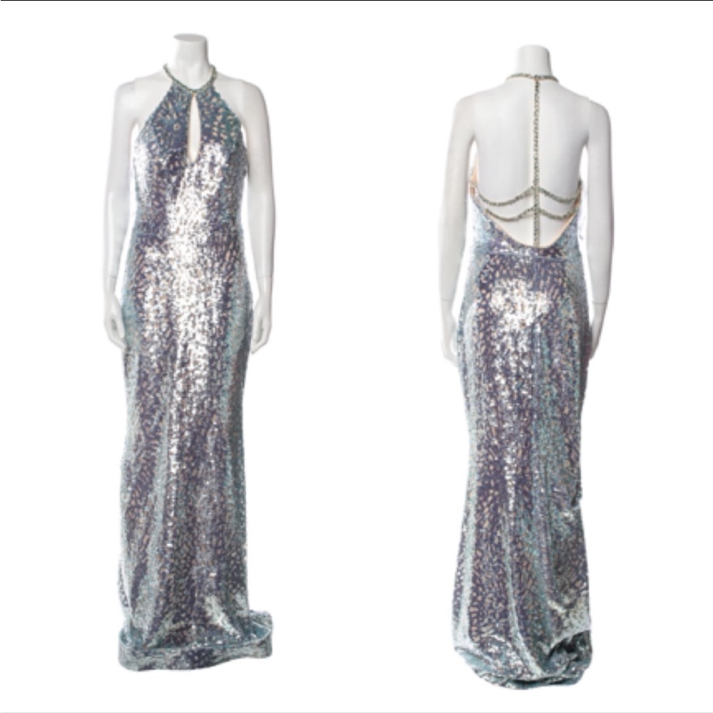Jovani silver (blue undertone) halter sequin dress with nude underlining